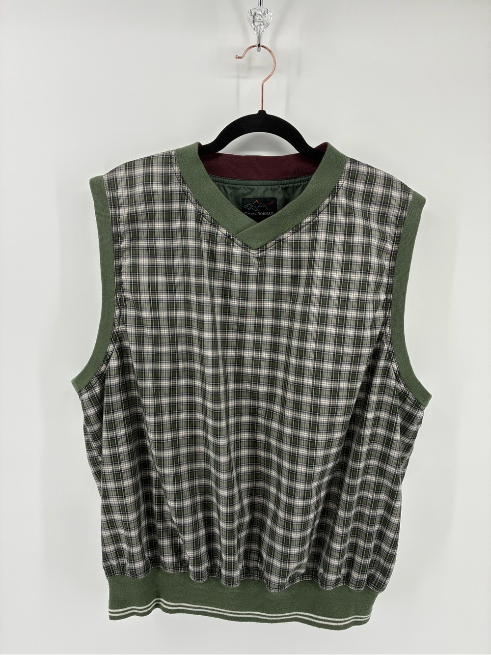 Greg Norman Vintage Green Plaid V-Neck Knit Golf Vest - Men's
